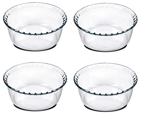 JUANIO Lot de 4 Moule soufflé Rond, Moule en Verre fileté, Plateau réfractaire, Plat à Four Moule de Cuisson, capacité 700 ML - Diamètre 15.1 x Hauteur 5.9 cm
