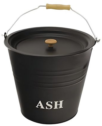 ADEPTNA 12L Vintage Metal Ash Bucket with Lid Wooden Handle Fireplace Container Litre Coal Bin