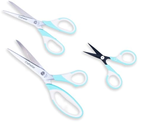 Craftelier - Set di 3 forbici in acciaio inox di diverse misure per l'artigianato - Impugnatura ergonomica | Per mancini e destri | Misure 11,4 cm, 16,51 cm e 21,59 cm - Colore turchese e bianco