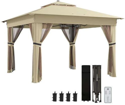 Outsunny 3 x 3(m) Pop Up Gazebo with Sides, 20 Solar-Powered LED Lights, Netting, Roller Bag, 4 Weight Bags, Marquee Party Tent, Height Adjustable Instant Event Shelter, Khaki