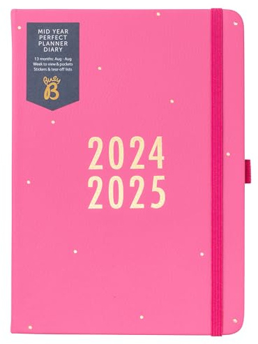 Busy B - Mid-Year Perfect Planner Agenda Agosto 2024 - Agosto 2025 - Pianificatore accademico metà d'anno settimanale A5 in ecopelle rosa con adesivi, portapenne e blocchetto per elenchi