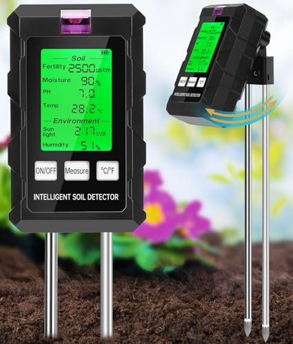WADEO Medidor de pH del Suelo, Medidor de Suelo 6 en 1, fertilidad del Suelo/Humedad/ph/Temperatura/Sol/Humedad Ambiental, con Doble sonda y Pantalla LCD retroiluminada, para la Granja/jardín/césped