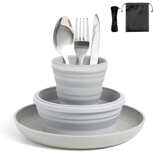 Lafuntar Camping Plate Bowl Cup Cutlery Set for 1, Folding Portable Camping Plates and Bowls Set for Travel & Outdoor.