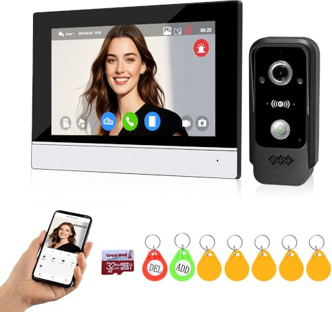 QttyElok Videocitofono WiFi 1080P HD Videocitofono Videocitofono con Monitor Schermo a colori cablato da 7 pollici per la casa, supporto IR Night Vision Motion Detect, Record, RFID Card/Tuya APP