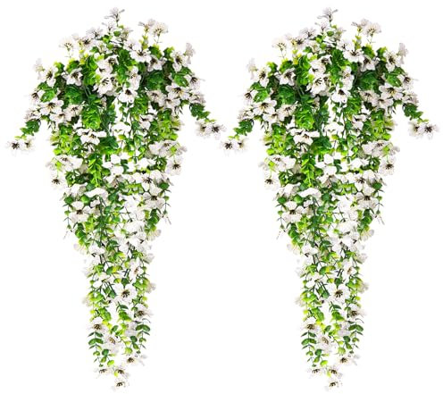 HBell 4Pcs Artificial Hanging Flowers,UV-Resistant Fake Hanging Plants Flower Bouquet Hang Vine Plants Drooping Plant for Wall Home Garden Yard Patio Wedding Indoor Outdoor Decoration (White)