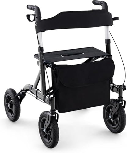 FANTASK Rollator mit Sitz für Senioren, Rollatoren Aluminium 6-fach höhenverstellbar, faltbar und leichtgewicht Laufhilfe mit Luftbereifung, 2 in 1 Rollstuhl & Reiserollator bis 160kg (Schwarz)