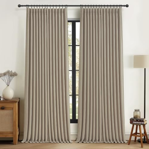 70 Inch Extra Wide Blackout Curtain 2 Panels 84 Inches Long for Living Room, Pinch Pleated Natural Linen Cream Beige Thermal Drapes with Back Tab Noise Canceling Privacy for Bedroom Large Window Birch