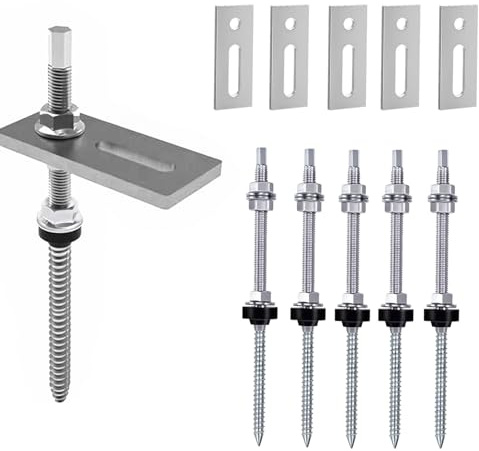 Pack of 6 M10 x 250mm Hanger Bolts with 6 Gaskets, Stainless Steel Hanging Bolts, Height Adjustable Hanging Frame Bolts, Bolt Dowels for Photovoltaic, Solar Mounting on Building Roofs, PV System
