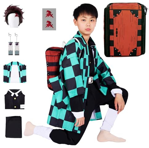 yyleasar Full Set Kids Anime Cosplay Costume Halloween Kimono Uniform Outfit With Backpack Bag Earrings Wig (130(L))