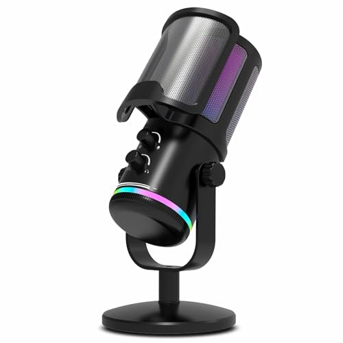 HeyFiFan Gaming USB Microphone for PC PS4/5 - Condenser Mic with Quick Mute, RGB Indicator Desktop Stand Pop Filter Gain Control for Streaming Discord Twitch Podcasts Videos (Black)