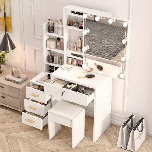 Generiskt sminkbord med belysning och spegel, modernt sminkbord med pall och 4 lådor, vitt toalettbord med hyllor för sovrum flickrum