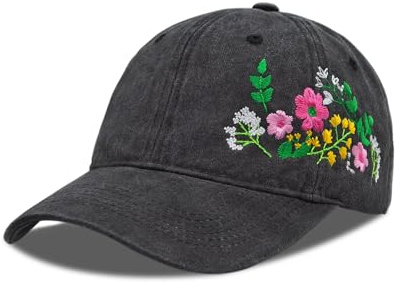 GNOLONG Embroidered Color Flower Baseball Cap Soft Adjustable Cotton Garden Hats for Girls Women Men Fishing Running (US, Alpha, One Size, Black)