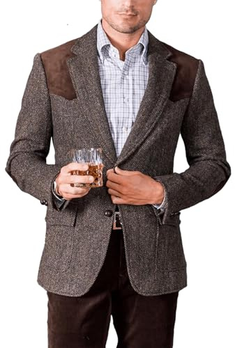 RAJEGAR Giacca sportiva da uomo in tweed misto lana a spina di pesce con toppa su spalle e gomiti, stile retrò, casual, slim, Caff, XL