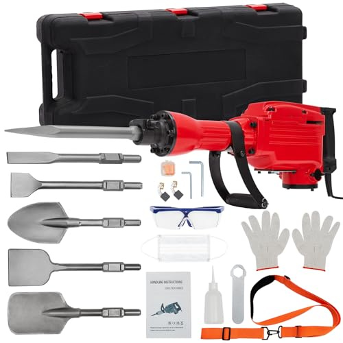 Demolition Jack Hammer, 2200W Heavy Duty Electric Concrete Breaker Tool Kit with 6PCS Chisels Bit Set W/Case, Gloves, Noise-Canceling Earplug for Professional Construction Use