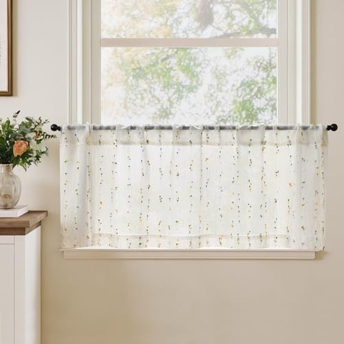 TOPICK Skivgardiner uppsättning av 1 bistrogardiner med prickar linne lantlig stil boho kort gardin halvtransparent, H 40 x B 125 (cm) linneutseende gardiner med dragsko köksgardin vardagsrum grön
