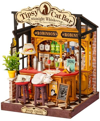 Rolife Miniature Casa Tipsy Cat Bar, 136 pezzi Kit Casa in Miniatura DIY, Modellismo da Costruire Adulti Casa delle Bambole in Legno Puzzle 3D Nessun collante necessario