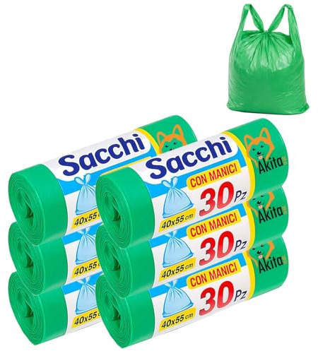 AKITAInk 180 Sacchi Spazzatura 40x55 cm con Manici, Sacchetti Colorati Resistenti e Antiforo, 6 Rotoli da 30 Buste, Ideali per Bagno, Cucina e Ufficio (Verde)