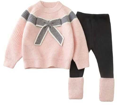 Genérico 2026 Conjunto de Dos Piezas para Niña Suéter de Punto con Cuello Cárdigan y Leggings Decorados con Pajarita Ideal para Uso Diario y Otoño-Invierno Edad 2 a 7 Años