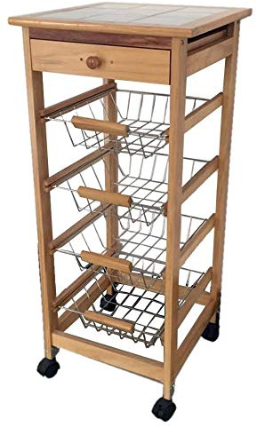 Meyvaser Carrello da cucina in legno, Carrello da cucina con ruote salvaspazio, 1 cassetto e 4 vassoi in metallo 85x37x37 Cm Colore Miele