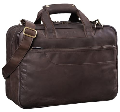 STILORD Astor Große Lehrertasche Leder für Herren Damen Vintage Aktentasche XL Businesstasche Umhängetasche für breite A4 Ordner Laptop Trolley Aufsteckbar Farbe:matt - Dunkelbraun