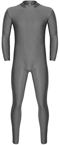 FEESHOW Herren Sexy Jumpsuit Einteiler Ganzanzug Langarm Bodysuit Männer Sport Training Tanzbody Performance Dancewear mit Reißverschluss Grau M