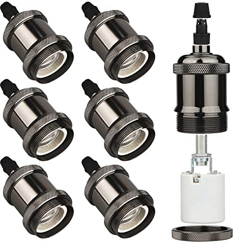 Zevnico E27 Lamp Holder, 6 Pcs E27 Bulb Holder, Gloss Black Vintage Socket Light Bulb Holder, Ceramic Rated 4A 250V, for DIY Pendant Lamp Ceiling Hanging Light Retro Edison Screw Bulb Holder Adaptor