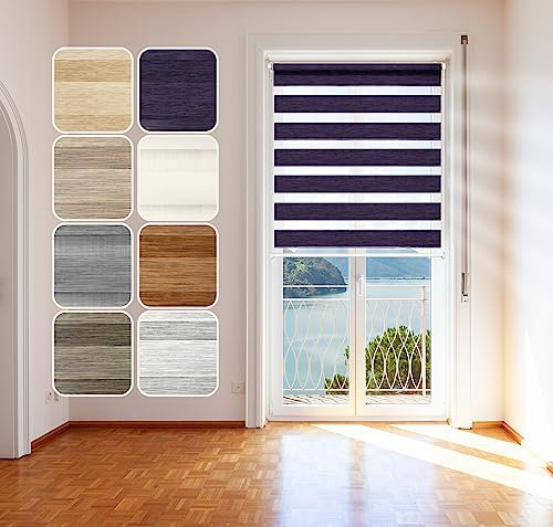 Doppelrollo Natural, Schwarz-Lila, 95x150cm - Duo-Rollo Klemm Fix mit Klemmträger, Fenster-Rollo/Seitenzug-Rollo ohne Bohren, lichtdurchlässig und verdunkelnd