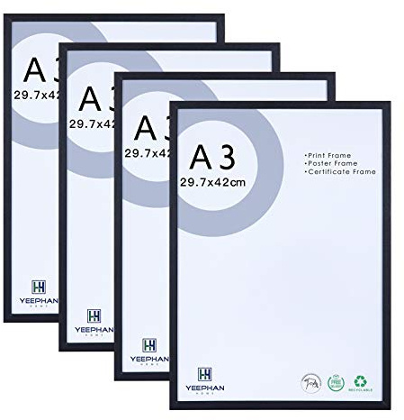 A3 Picture Frames - Solid Wood Black Photo Frame with Perspex Front | 29.7x42cm Photo Frame for Wall Mount and Home Decor, Set of 4