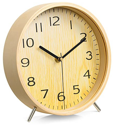 Navaris Orologio da Tavolo 21,1x21,8x4,8cm - Orologio Scrivania Legno Marrone Chiaro - Quadrante Tondo Numeri Grandi - Orologio Moderno Rotondo a Batterie