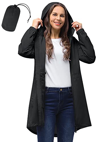 33,000ft Women's Rain Jacket Lightweight Hooded Long Rain Coat Waterproof Jacket Ladies Packable Functional Jacket Windbreaker Breathable Active Outdoor Coats Black M/12