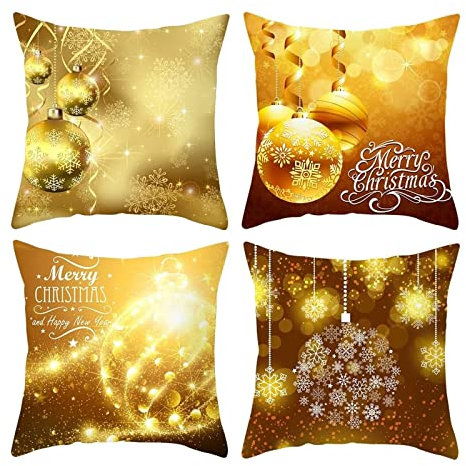 Dsnyu 4er Set Kissenbezug Weihnachten Retro, Bälle Schneeflocke Kissenbezüge Polyester, Gold Elegante Weihnachten Dekorativ Kissenbezug für Zuhause Auto Büro 40x40cm