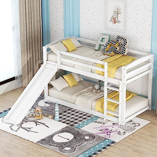 FEZTOY Etagenbett 90x200 für Kinder, Kinderbett mit Rutsche, Hochbett Spielbett Stockbett mit 1 Lattenroste, Massivholzrahmen, ohne Matratze, Weiß