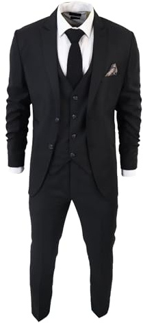 Men's Classic Black Suit 3 Piece Tailored Fit Vintage Office Funeral Security Waiter Wedding - Black 36