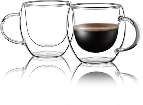 Stylusella Espressotassen-Set (2 Pack 70.9 g / 80 ml), doppelwandige Espressotassen aus Borosilikatglas mit Griffen, ideal für einen kleinen Espresso-Shot