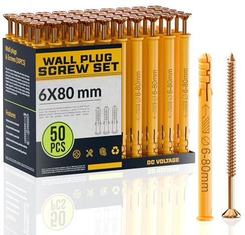 DC VOLTAGE 50pcs Wall Plugs and Screws Set 6 x 80 mm Anchor Bolts for Masonry Brick Concrete Heavy Duty Brick Concrete Fixings Plugs Assorted Set