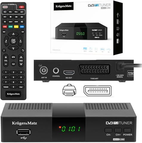 Kruger&Matz Tuner DVB-T2 H.265 HEVC Upplösning 1920 x 1080 px KM0550D Timeshift Teletext-timer favoritkanaler 512 MB RAM