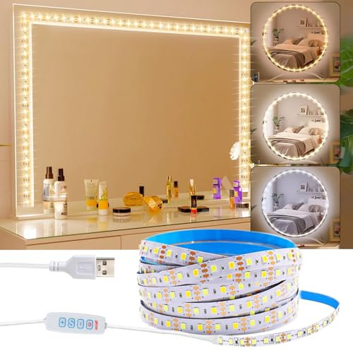 Lámpara LED de espejo, 400 cm, luz de maquillaje, 3 colores, 9 niveles de intensidad con regulador táctil, flexible para interior, cocina, dormitorio, hogar, iluminación decorativa