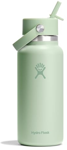 Hydro Flask Water Bottle - Insulated Stainless Steel - Wide Mouth Flex Straw Lid, Non Spill, Leakproof and Refillable in 32 Oz Aloe Green