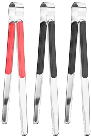 M METERXITY 3-Pack Grill Tongs, 10 Inch Non-Slip 410 Stainless Steel Locking Tongs for Cooking/Buffet/Outdoors Barbecue, Korean BBQ Tweezers Metal Clamp Tool [Red, Black]