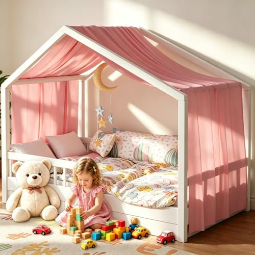 Kmhesvi Lit Cabane Enfant, Ciel de Lit Cabane avec 1 Pièces Rideaux, Baldaquin Ciel en Tissu Doux Respirant, Ensemble de Décoration pour Chambre Fille Garçon (Rose, 145x360cm)