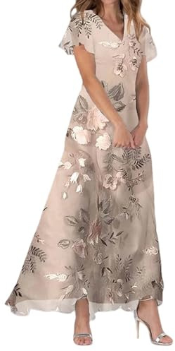 Abiti da Donna, Abito Lungo a Trapezio in Chiffon Floreale, Manica Corta, Volant, Scollo a V, alla Moda, Vita fluida