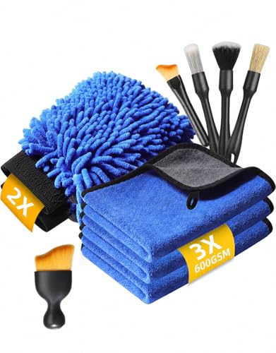Vasip Kit Nettoyage Voiture Intérieur Extérieur, 10 Pièces avec Chiffons Microfibre 600 GSM, Gants Chenille Microfibre et Pinceaux Detailing Auto pour Lavage Auto, Jantes, Tableau de Bord