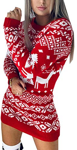 Loalirando Robe Noël Tricotée Femme à Manches Longues Col Rond Pull Longue Imprimé Cerfs et Flocons de Neige,M,Rouge