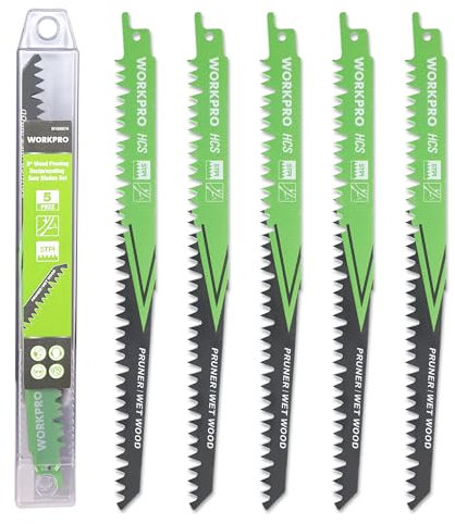 WORKPRO Hojas de Sierra Sable, 5-piezas Cuchillas de Sierra para Madera 23cm, Accesorios para Cortar Madera, Compatible con la Mayoría de Sierras de Sable, con Caja de Plástico