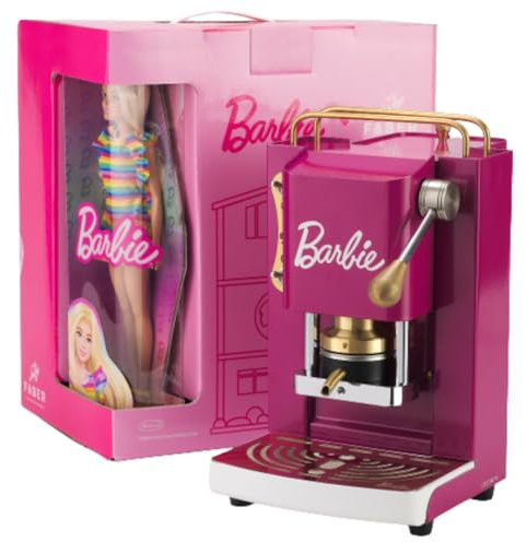 FABER COFFEE MACHINES Pro Mini Deluxe | Barbie Edition | Kaffeemaschine für 44 mm ESE-Pads | Padpresse aus Messing | mit Puppe