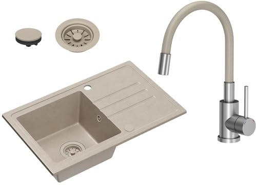 VBChome Handfat beige granit med armatur 70 x 44 cm enkelhandfat inbyggd diskbänk spräcklig reversibel granitdiskbänk beige vattenkokare handfat beige armatur med flexibel pip