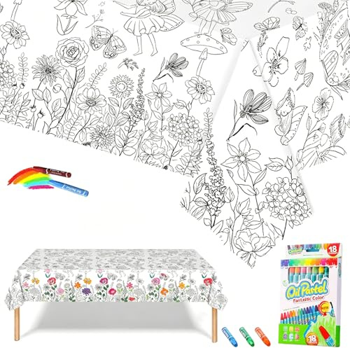 Spring Flower Butterfly Colouring Table Cloths,Party Tablecloth Colouring Poster with 18 Paint Pen,47x71inch Colour In Table Cloth Drawing Paper Roll Table Cover Colouring Sheet for Birthday Party