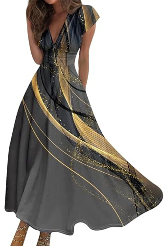 Robe Longue Femme Sexy V-Neck Manches Courtes Tunique Robe D’été Chic éLégante Femme Soirée Robe De Fête De Réception De Mariage