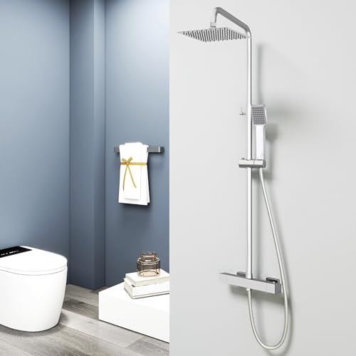 Aica Sanitarios Columna de Ducha con Termostato Cuadrado Ducha Lluvia Alcachofa con Redonda Barra y Brillante para Baño