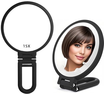 Stianiiie 1 x 15 x Handspegel med handtag för resor, förstoringsspegel, roterande justerbart handtag, dubbelsidig vikbar, spegel för kvinnor, för ögon, makeup, resebord, skrivbord, rakning